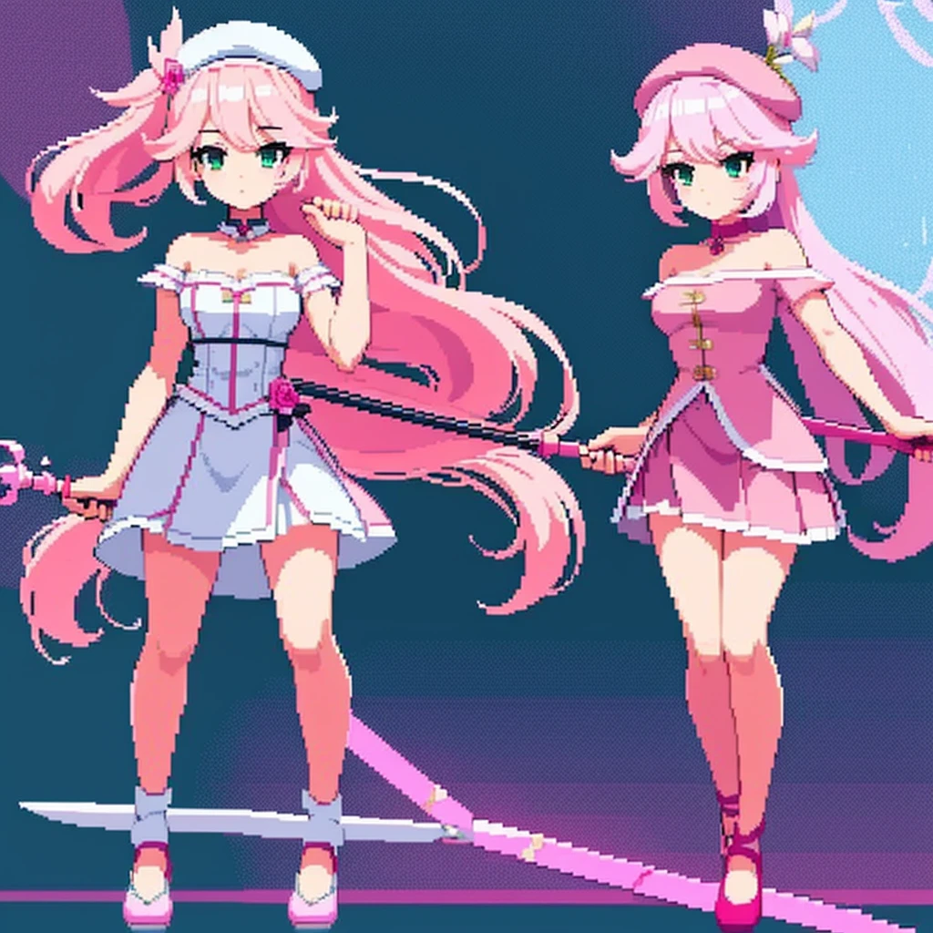 pixel art, full body, facing left (important), pink and white, holding a spear, magical girl, beret, long hair, loose, off-the-shoulder. Hair color: soft, pale pink hair. Eye color: green eyes. Outfit: white and pink based outfit. She wears a white short-sleeved off-the-shoulder top with a pink collar and buttons that reveal her collarbone, and a mini slit skirt shaped like a downward-pointing lotus petal. Accessories: She has a pink flower ornament in her right hair. Weapon in hand: a long spear with pink and white decorations.Young middle school student、Jump、Knee-length skirt