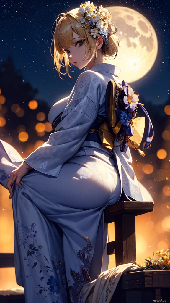 masterpiece, high quality, 4K, Beautiful design, silhouette,blonde, 非常に詳細な夜のStarry Sky,Flower Field, wonderful, Finer details, Very knowledgeable woman, Highly detailed solo, 1 female,Big Breasts,Big Ass,Underwear Line,Yukata in white color,Night view,Starry Sky,full moon,How to sit,