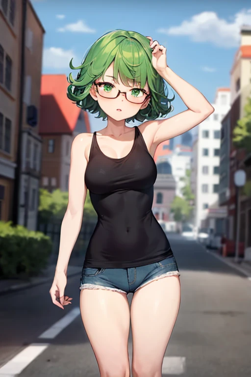 score_8_superior, score_7_superior, score_6_superior, score_5_superior, score_4_superior, Anime screenshots, View your viewers, superiorper body,
One girl, Tatsumaki, Green Hair, Green Eyes, short hair, Curly Hair, Thighs, View your viewers,
White tank top, jeans, Wear glasses on your head,
Break Standing, View your viewers, city,