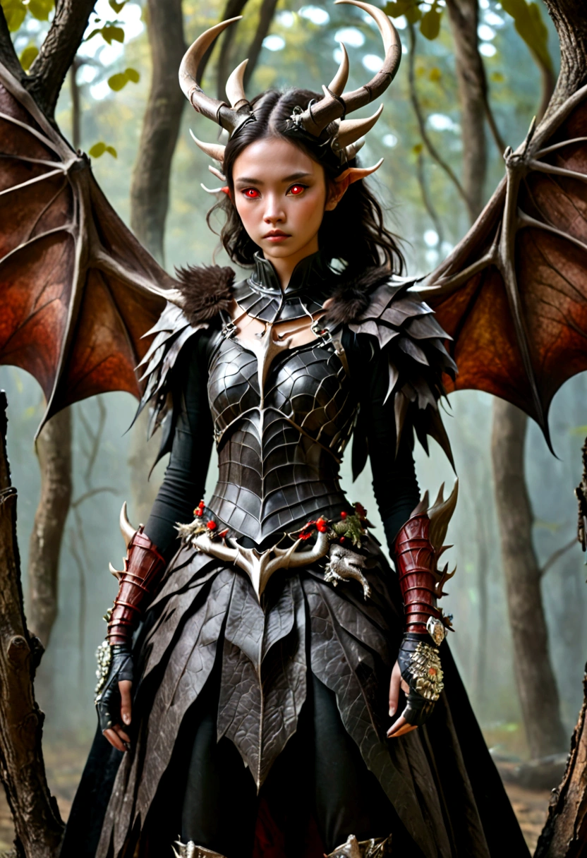 YOUNG WOMAN, YOUNG GIRL, strange creature, full of secrets, mysterious, HAS huge pitch black bat wings, clothes made of wild bull skin full of fur, flat facial expression, cold teary eyes, her head grows huge deer antlers, tied around her waist made from tree roots, he wore trousers made from dragon skin, his arms were covered with three layers of thick tree bark armor, and on his left and right arms were bracelets made from Red jade. In his left and right hands he holds a SWORD made of sparkling marble. Her shoes were made of rhinoceros skin, and the beautiful young woman wore a crocodile skin patch around her neck. original photo, original photography, natural, professional. Make it a masterpiece
