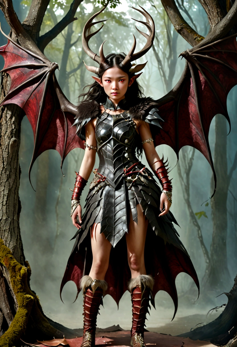 YOUNG WOMAN, YOUNG GIRL, strange creature, full of secrets, mysterious, HAS huge pitch black bat wings, clothes made of wild bull skin full of fur, flat facial expression, cold teary eyes, her head grows huge deer antlers, tied around her waist made from tree roots, he wore trousers made from dragon skin, his arms were covered with three layers of thick tree bark armor, and on his left and right arms were bracelets made from Red jade. In his left and right hands he holds a SWORD made of sparkling marble. Her shoes were made of rhinoceros skin, and the beautiful young woman wore a crocodile skin patch around her neck. original photo, original photography, natural, professional. Make it a masterpiece