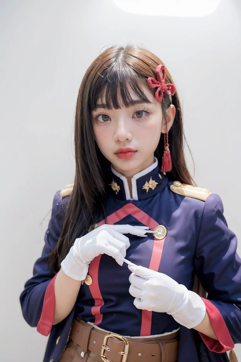 masterpiece, best quality,  1girl, solo, gloves, purple eyes, bangs, white gloves, collar, hair ornament, purple hair, looking at viewer, blunt bangs, closed mouth, long hair, belt, portrait, epaulettes, buckle, hands up, heart, jacket, upper body, short hair, wide-eyed, uniform, white pupils, shiny hair, belt buckle, bright pupils, hyuuga hinata, white background