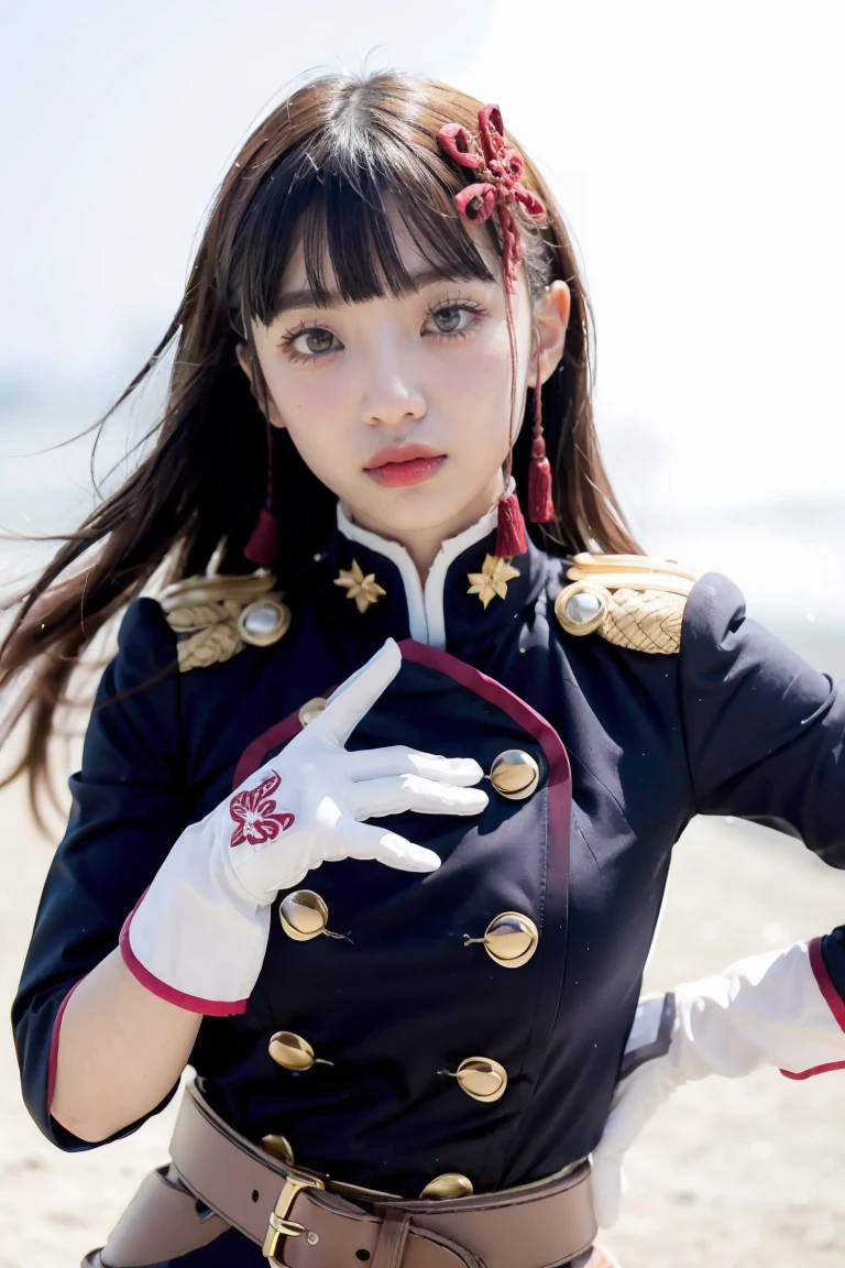 masterpiece, best quality,  1girl, solo, gloves, purple eyes, bangs, white gloves, collar, hair ornament, purple hair, looking at viewer, blunt bangs, closed mouth, long hair, belt, portrait, epaulettes, buckle, hands up, heart, jacket, upper body, short hair, wide-eyed, uniform, white pupils, shiny hair, belt buckle, bright pupils, hyuuga hinata, white background