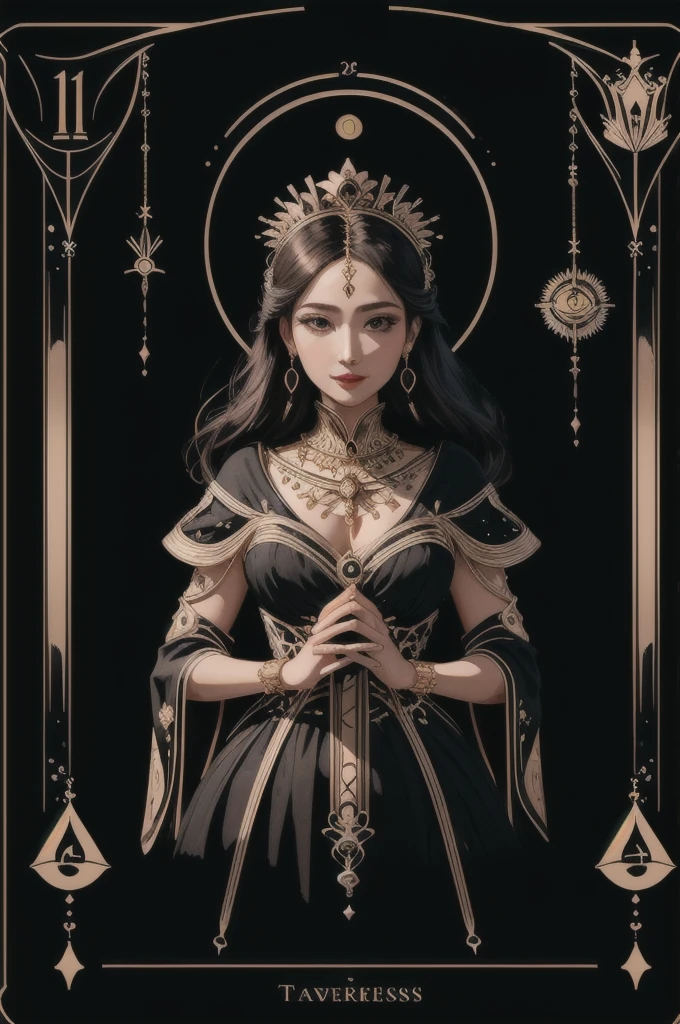 (best quality, Masterpiece), (Tarot cards, Tarot cards card,:1.1)  Empress: A nourishing figure surrounded by symbols of fertility and abundance.. Depicts a woman in a lush garden., Radiating the power of motherhood and surrounded by nature..,  black background, gold, upper body, 