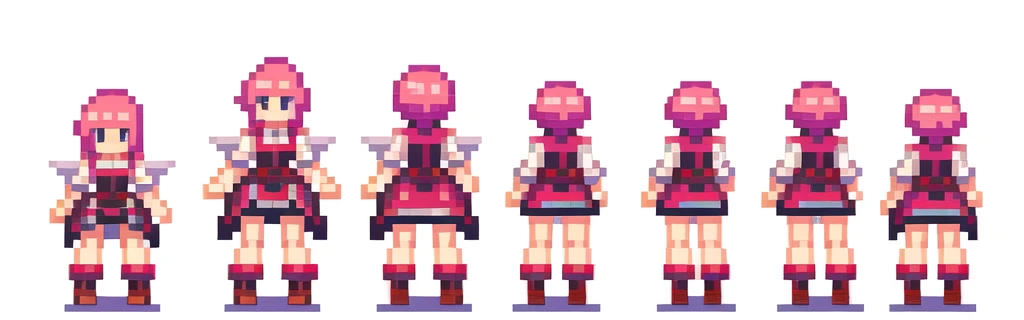 the very same person character chips , masterpiece , best quality , pixel , pixel art , xiangsu , xiang su , sequence frames , 6 poses (put out one's left foot , put out one's right foot , 2 front-facing poses , 2 back poses) , walking , 1 girl , fantasy clothes , full body , white background , heroine , deformed , sexy , chibi , Highly Exposed , angel , pink clothes , pink hair , walking frame