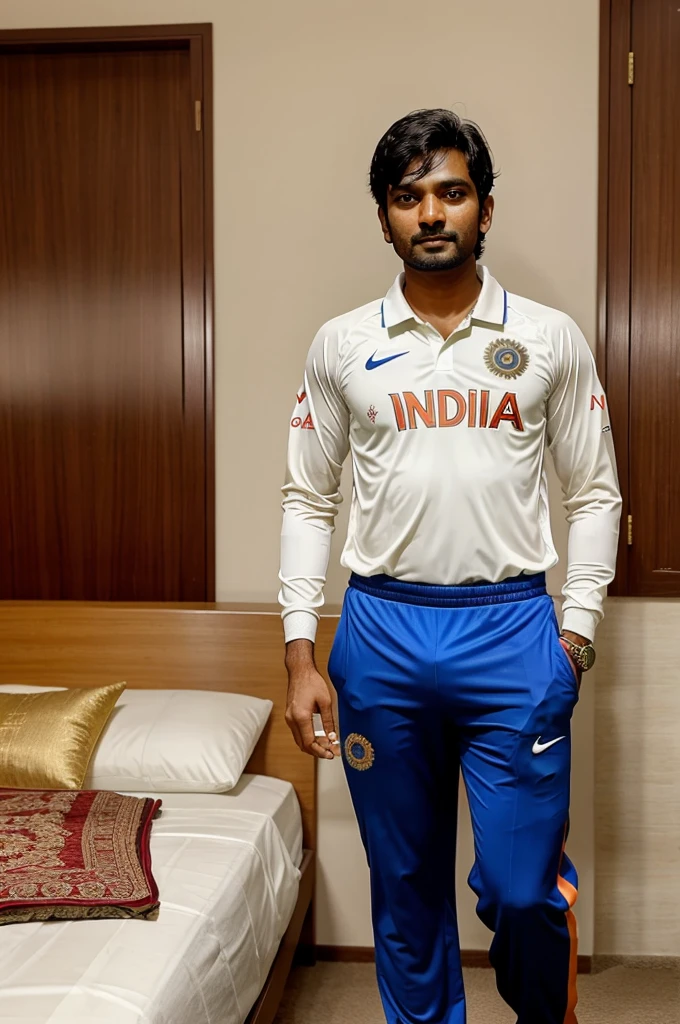 A person worn India cricket team kit name is nitesh and watching india live in a luxury room 