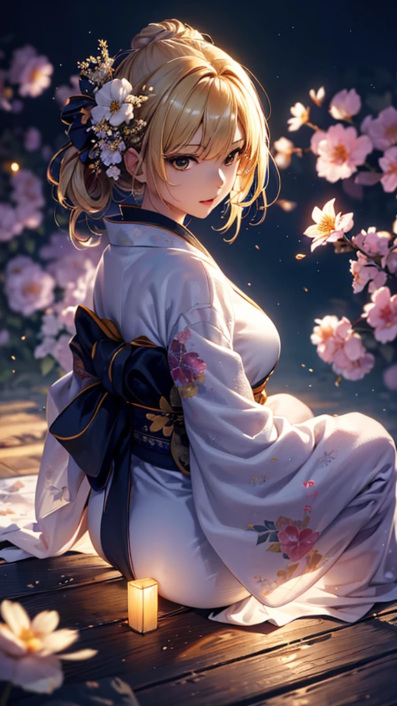 masterpiece, high quality, 4K, Beautiful design, silhouette,blonde, 非常に詳細な夜のStarry Sky,Flower Field, wonderful, Finer details, Very knowledgeable woman, Highly detailed solo, 1 female,Big Breasts,Butt Emphasis,Underwear Line,Yukata in white color,Night view,Starry Sky,full moon,How to sit,