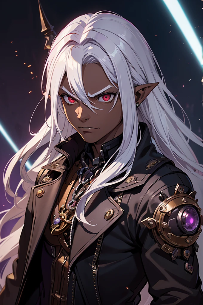 ((best quality)), ((masterpiece)), (detailed), ((boy)), ((mix between dungeonpunk and steampunk)), (serious), dark skinned, human, upper body, portrait, red eyes, long white hair, Xemnas from Kingdom Hearts, half-drow, pointy ears, serious face, dramatic lighting, purple hue, art by Kinema Citrus and Tetsuya Nomura