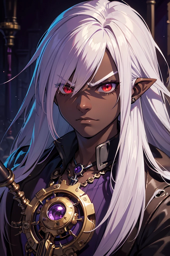 ((best quality)), ((masterpiece)), (detailed), ((boy)), ((mix between dungeonpunk and steampunk)), (serious), dark skinned, human, upper body, portrait, red eyes, long white hair, Xemnas from Kingdom Hearts, half-drow, pointy ears, serious face, dramatic lighting, purple hue, art by Kinema Citrus and Tetsuya Nomura