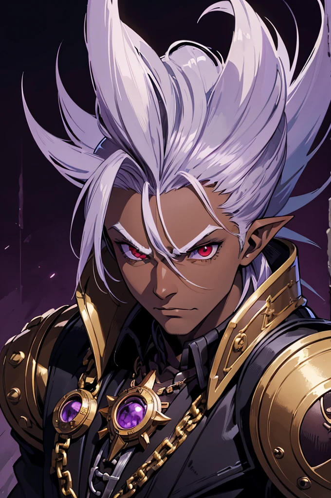 ((best quality)), ((masterpiece)), (detailed), ((boy)), ((mix between dungeonpunk and steampunk)), (serious), dark skinned, human, upper body, portrait, red eyes, long white hair, Xemnas from Kingdom Hearts, half-drow, pointy ears, serious face, dramatic lighting, purple hue, art by Kinema Citrus and Tetsuya Nomura