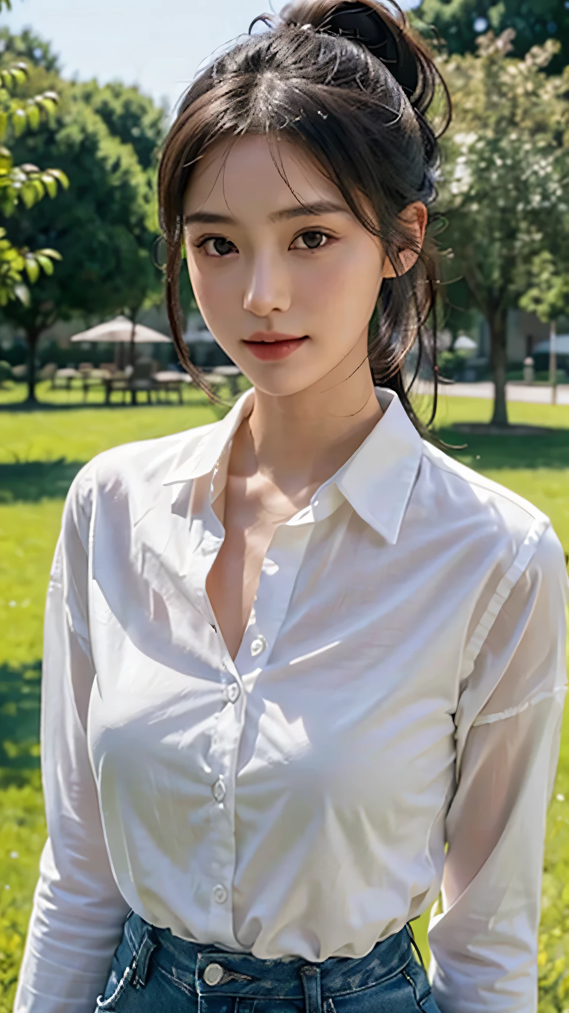 White collared shirt,jeans,outdoors,Urban Park,On the lawn,One woman,close up face,fully body photo,masutepiece, The highest image quality, High quality, the background is clear，Beautiful woman, Japanese, Detailed, Ultra-detailed, finely detail, hight resolution, 8K Wallpaper, Perfect dynamic composition, Beautiful detailed eyes ,Detailed eyes, Detailed skin, Beautiful skin, 超hight resolution, (reality: 1.4),Very beautiful woman, Slightly younger face, Beautiful skin, slender, (Ultra photo realsisim), (hight resolution), (8K), (Very detailed) (beautifully detailed eyes), (super detailed),   (Detailed face), view the viewer, Fine details, Detailed face, Staring straight ahead, Staring straight ahead, photos realistic, Bright lighting, Professional Lighting, Black hair,poneyTail,a baby face,sixteen years old,Hairstyle: ponytail,Long ponytail hairstyle,slight smile,