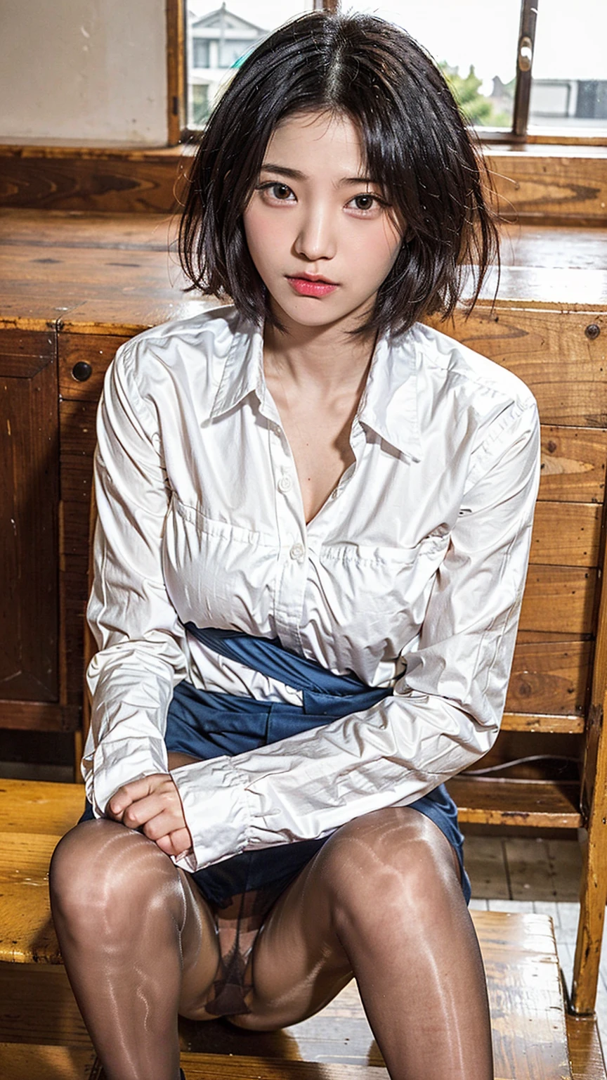 ulzzang-6500-v1.1, (RAW photos:1.2), (Photo Realism，:1.4), Beautiful and delicate girl, Very detailed eyes and face, Beautiful and delicate eyes, This is ridiculous., Unbelievably ridiculous, Huge file size, Very detailed, high resolution, Very detailed, Highest quality, Master of Peace、, Kemomimi, ((Japanese girls high school)), one example, Very detailed, Extra Large Headquarters, Unite, 8k wallpaper, brilliant, Fine details, Master of Peace、, Highest quality, Very detailedなExtra Large Headquartersユニフォーム8k wallpaper, Face lighting、light、、((Not Wearing))、((Dynamic poses)))、(Camel toe)、(half)、(Pantyhose、、、、)、(Sit on your legs with your knees bent))、short hair、short hair、Long Neck、Stretch out your ears、bangs、Bigger eyes、eyelash、A beautiful、very cute
