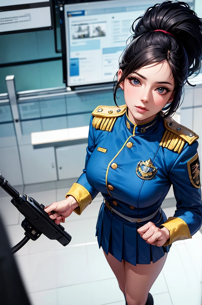 (Highest Resolution, clear_image), Highest quality, masterpiece, Very detailed, Semi-realistic, Woman with shoulder-length black hair, Dark Eyes, mature, mature woman, Imperial sister, sexy, short hair, Triple Van, Light blue uniform, Light blue uniform jacket, soldier, Light blue pleated skirt, uniform, Fighter Front, future, sf, universe