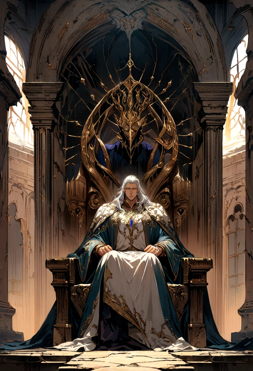 A white-haired, silver-eyed prince sits on a majestic throne inside an abandoned palace with crown. The environment around him is dark and gloomy, with cracks in the walls and cobwebs hanging there. The throne is ornate, with details in gold and precious stones, and is covered by a dusty cloth. The protagonist is wearing royal clothing, with a determined expression on his face, as he stares at the horizon with glowing red eyes, masterpiece, best quality, ultra-detailed, illustration, 8k resolution concept art, fantasy art, epic art, concept art wallpaper 4k, deep color, natural lighting. adult, handsome, tall muscular guy, broad shoulders.