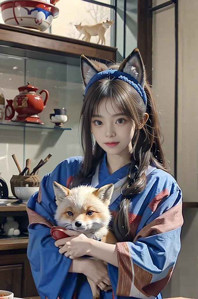 "A young girl with fake fox ears on her head, wearing traditional Japanese clothing in blue and red, hugging a real fox. Both are wearing similar patterned coats. On the table in front of them is a bowl of udon noodles with vegetables and meat, and a cup of tea. The background is a traditional Japanese room with a window."