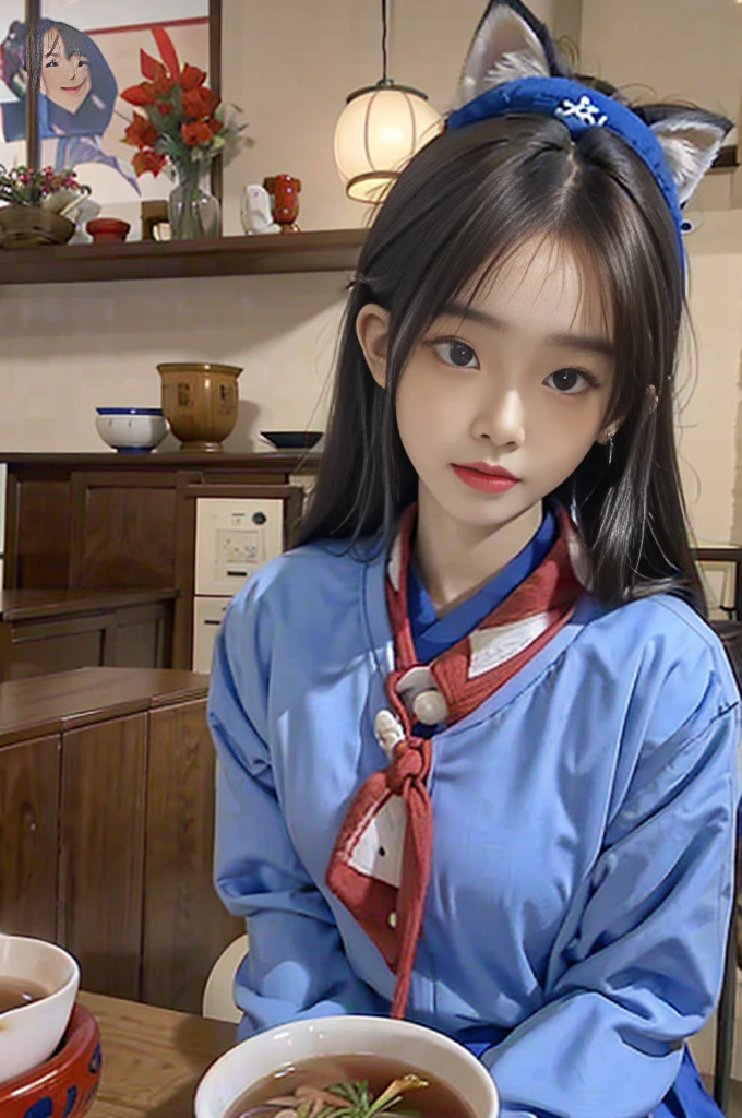"A young girl with fake fox ears on her head, wearing traditional Japanese clothing in blue and red, hugging a real fox. Both are wearing similar patterned coats. On the table in front of them is a bowl of udon noodles with vegetables and meat, and a cup of tea. The background is a traditional Japanese room with a window."