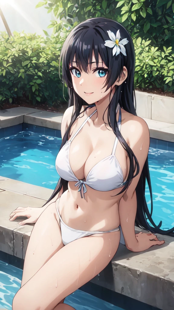 (Perfect hands, Perfect Anatomy:1.4),(anime:1.4),正面figure, Satin Ruiko, alone,(White Bikini Swimsuit:1.5),(A neat figure,thin:1.4),(Hairstyle is a princess cut:1.5),(Black Hair:1.4), blue eyes, (Black Hair:1.4),Long Hair,(Straight long hair:1.4), hair ornaments, (1 white flower decoration:1.4),(tsurime:1.4),(Sitting),(Broke up_lips:1.4),(Hime cut:1.4),(Large Breasts:1.4),(arms behind back:1.3), (Wicked Smile:1.4),,(Wet:1.4),Sit on, (View your viewers:1.3),(Pool,Poolサイドで:1.4),(Dazzling sunlight,summer:1.4)、 break (Hime cut:1.4),(masterpiece:1.5),(Extremely accurate details,Ultra-high resolution:1.4),Highly detailed CG Unity 8k wallpaper,(Realistic,Photorealistic,超Realisticな:1.5),(curve,model,Glamour:1.5),Beautiful breasts,color_aberration,Beautiful detailed shadows,Beautiful Eyes,Beautiful body,Beautiful Skin,Beautiful Hands,(美的animeの目:1.4),(figure:0.8), (Beautiful attention to detail:1.4), Highly detailed face, Perfect lighting, Highly detailed CG, (Perfect hands, Perfect Anatomy:1.4),