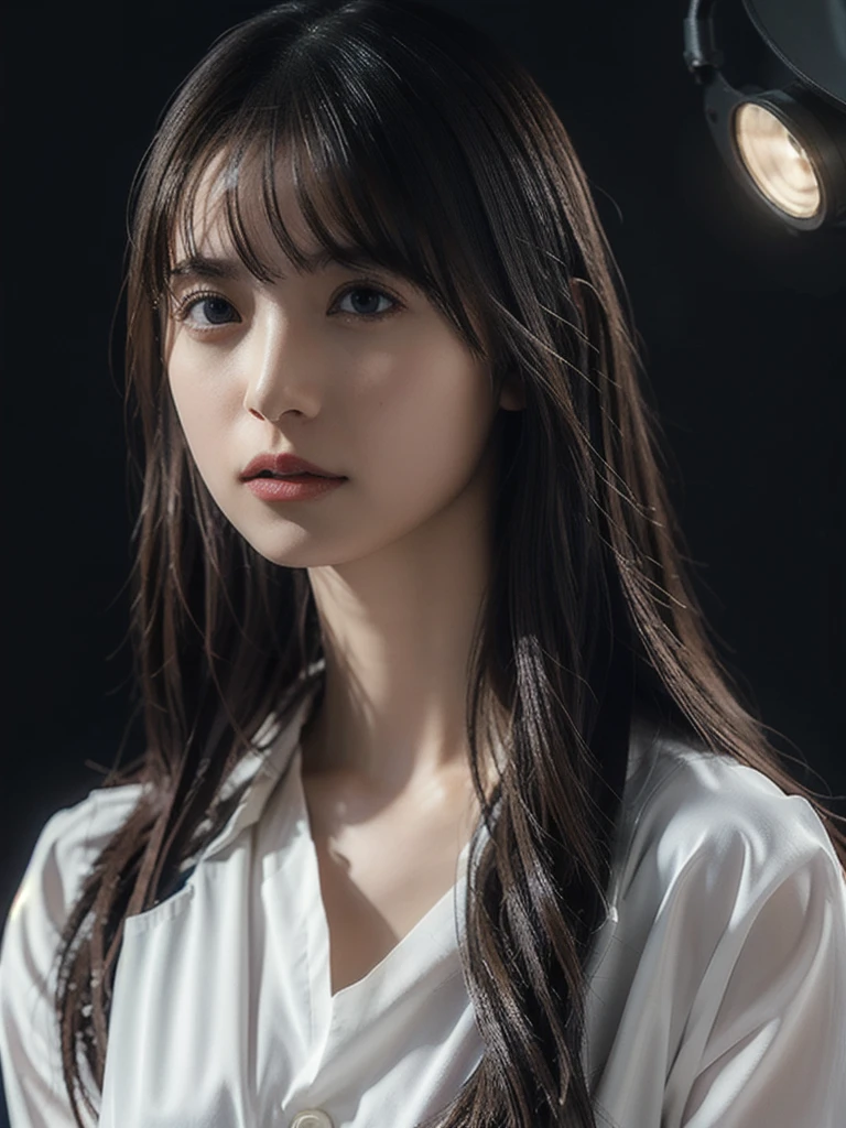 1girl, woman, masterpiece, best quality, highest quality, cinematic lighting, (volumetric lighting), extremely detailed CG unity 8k wallpaper, focused, 8k wallpaper, extremely detailed, ultra realistic, photorealistic, sharp focus, absurdres, (HDR:1.2), (high contrast), photograph, detailed and intricate, instagram, portrait, highly detailed, digital painting, artstation, concept art, smooth, sharp focus, illustration, cinematic lighting, (big breast:1.2), (whole body:1.2), white collar shirt, open shirt, open the button.