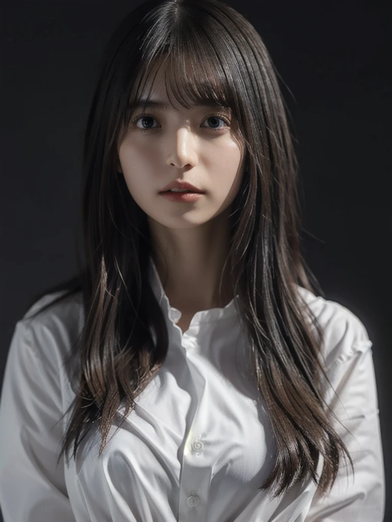 1girl, woman, masterpiece, best quality, highest quality, cinematic lighting, (volumetric lighting), extremely detailed CG unity 8k wallpaper, focused, 8k wallpaper, extremely detailed, ultra realistic, photorealistic, sharp focus, absurdres, (HDR:1.2), (high contrast), photograph, detailed and intricate, instagram, portrait, highly detailed, digital painting, artstation, concept art, smooth, sharp focus, illustration, cinematic lighting, (big breast:1.2), (whole body:1.2), white collar shirt, open shirt, open the button.