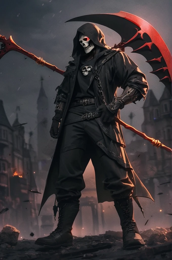 ((Лучшее качество)), ((шедевр)), (подробный), guy, white skull instead of a face, (skull:1,8) , athletic build, (athletic build:1,1), black t-shirt with a skull, open black robe, black cargo pants, high boots, demonic scythe,(demonic combat scythe:1,9), !gothic style, !the background is a gothic dark city