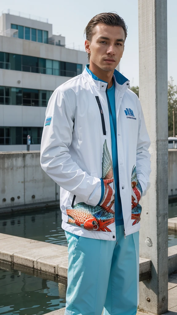 masterpiece, high quality, design, colorful, white, blue, red, medium green, represents modern urban fish farming, elegant look, modern, to be full printed in a jacket, jacket base color is white, write "MODERN FISH FARMING" in the front