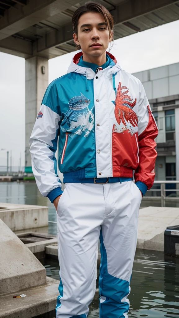 masterpiece, high quality, design, colorful, white, blue, red, medium green, represents modern urban fish farming, elegant look, modern, to be full printed in a jacket, jacket base color is white, write "MODERN FISH FARMING" in the front