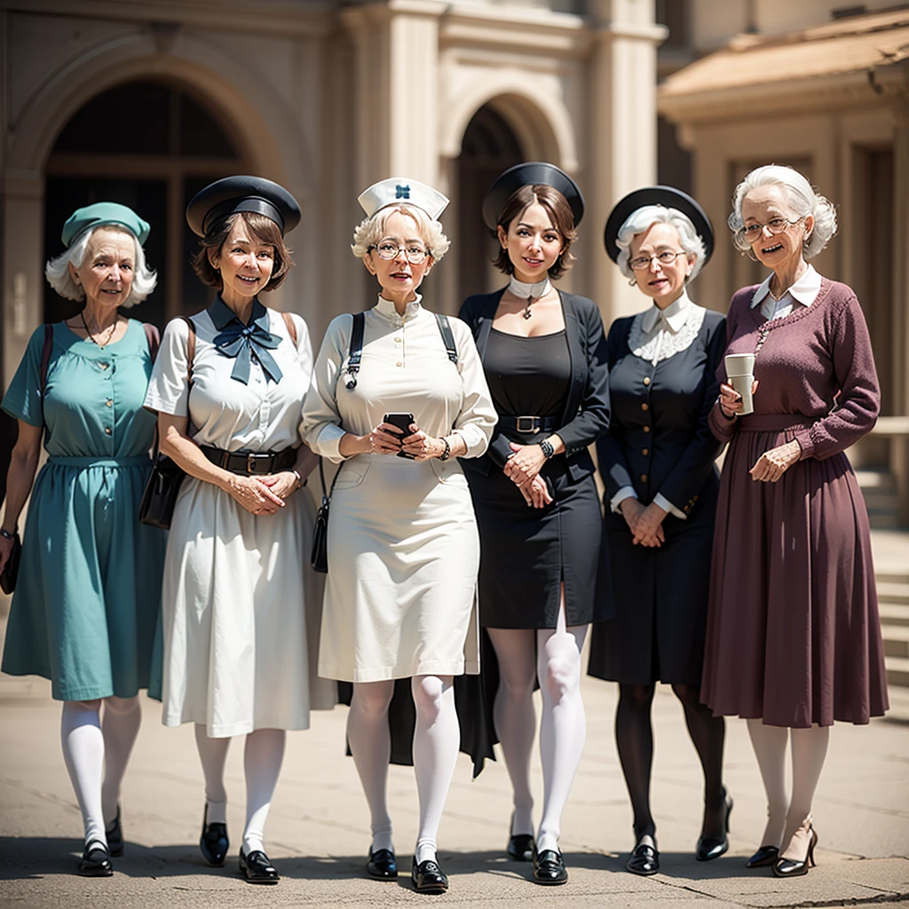A group of old nurses wearing white tights and hats