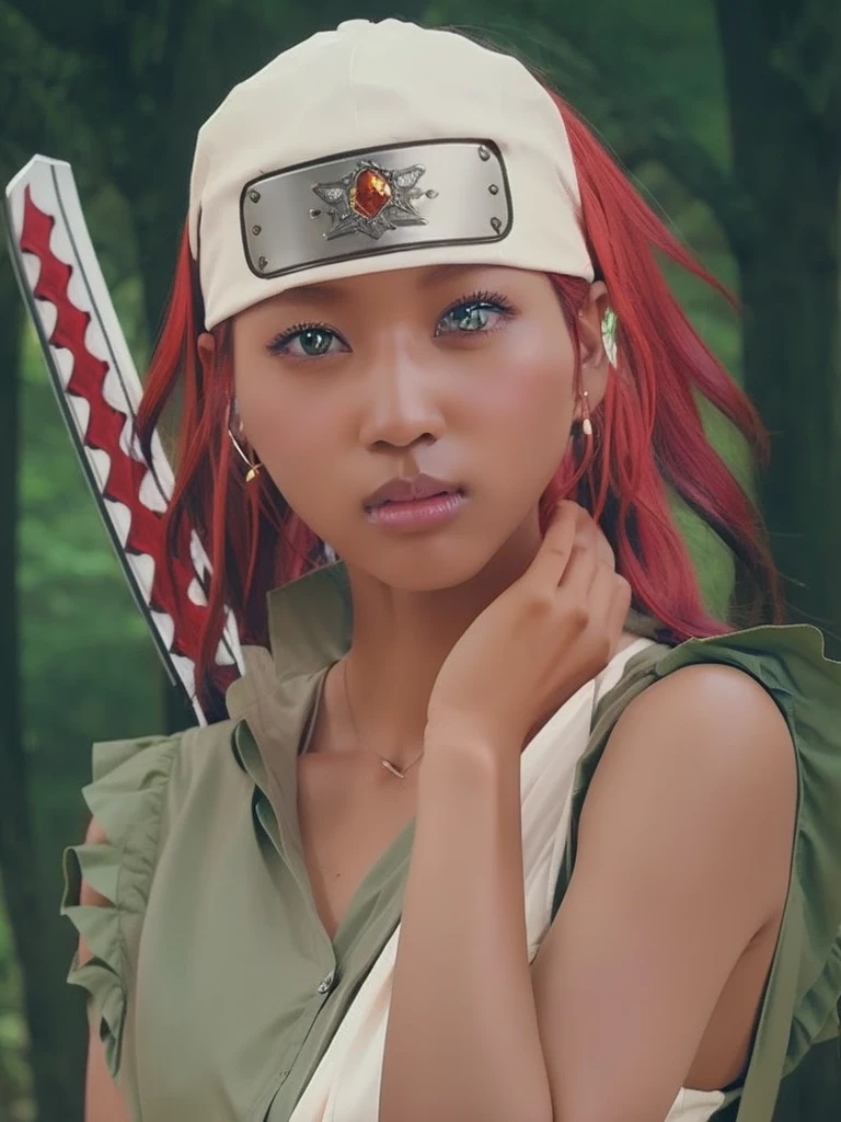 Young woman, dark skin with long red hair and amber eyes, wide nose, thick lips, green clothing, sword, Karui