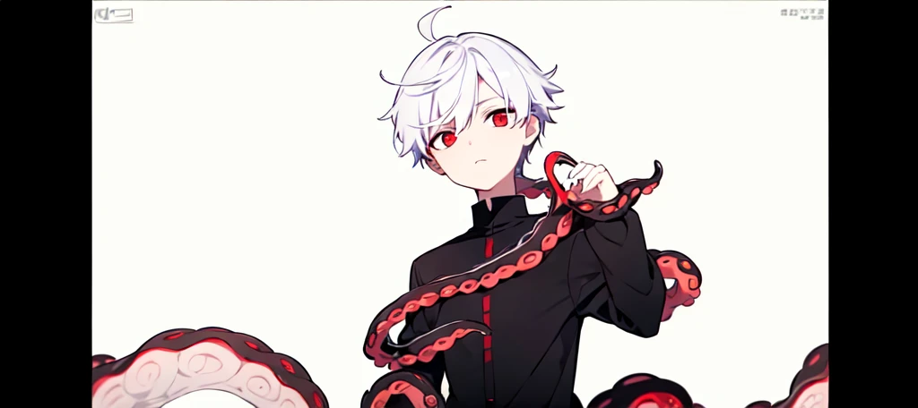 1boy, 1eye only, white hair, red eye, black sash shirt, white shirt, black sleeves, black pants, red tentacles in back, mechanical tentacle, looking on side