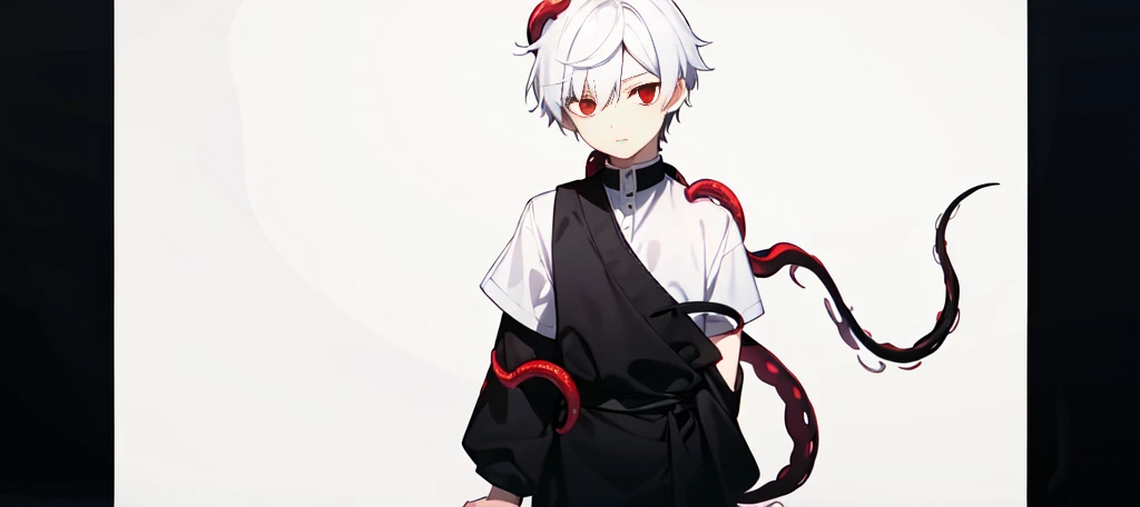 1boy, 1eye only, white hair, red eye, black sash shirt, white shirt, black sleeves, black pants, red tentacles in back, mechanical tentacle, looking on side