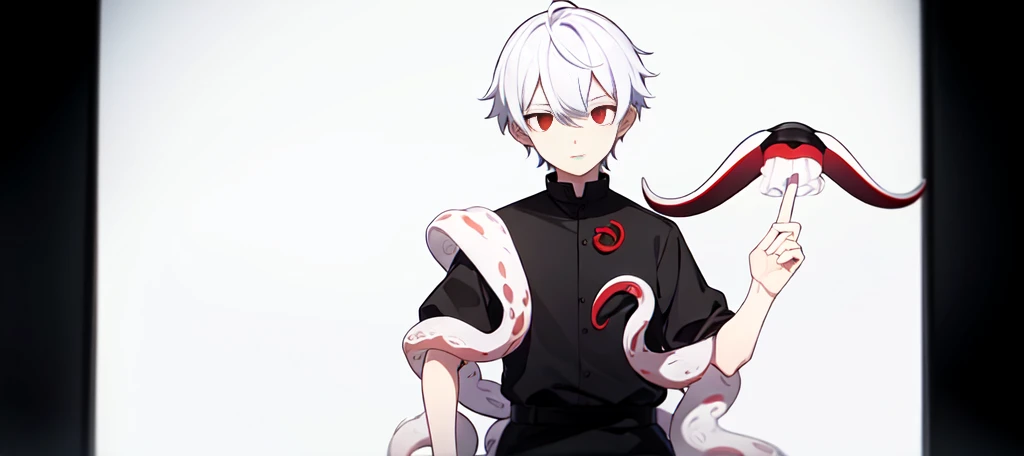 1boy, 1eye only, white hair, red eye, black sash shirt, white shirt, black sleeves, black pants, red tentacles in back, mechanical tentacle, looking on side