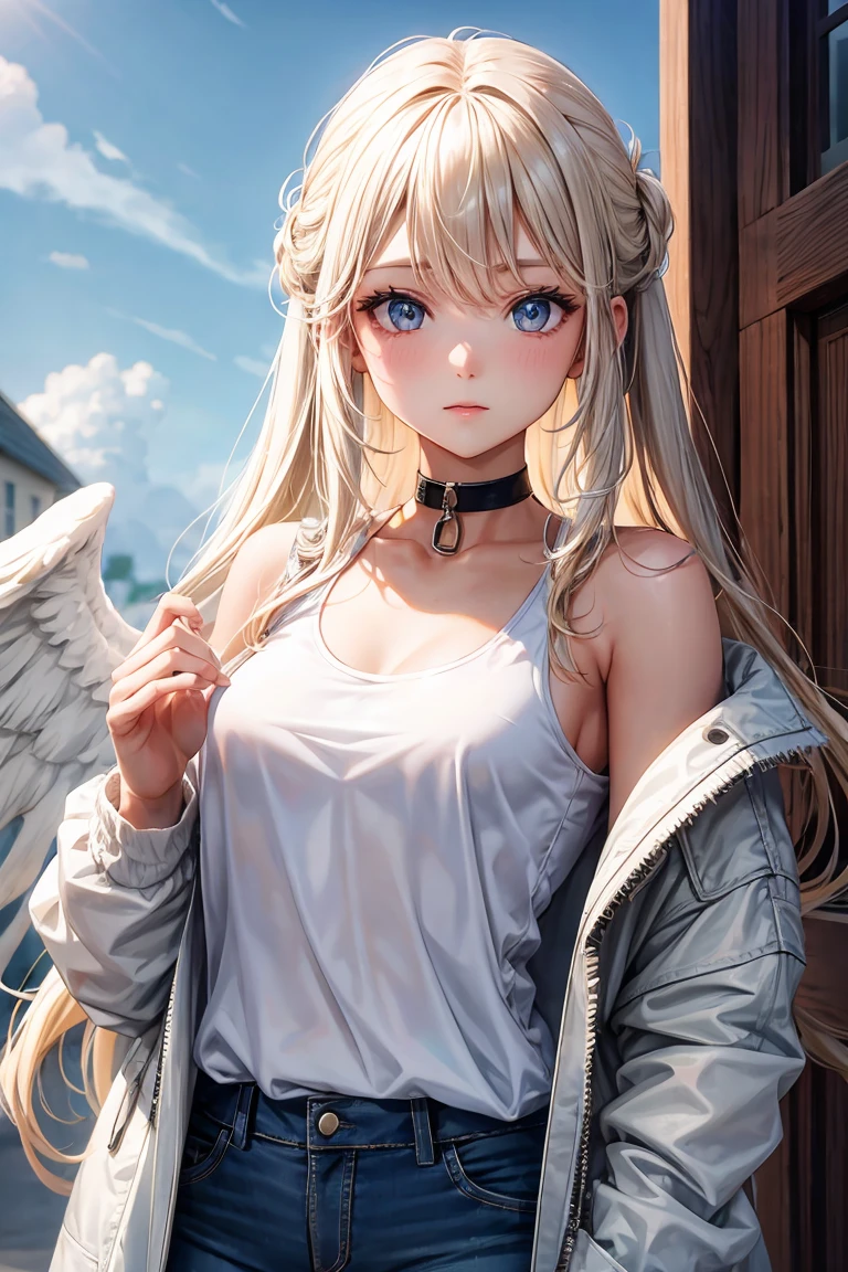 One girl, Medium chest, Blonde, Long Hair, Wavy Hair, Grey Eyes, White Feather Wings, Angel, Outdoor, White jacket, choker, Tank top, jeans