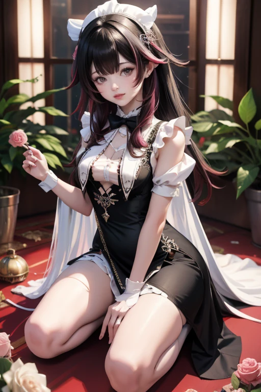 Columbina_(genshin impact), white roses, ornament hair, roses on her hair, maid, maid dress, maid headdress, maid apron, black hair, pink hair, long hair, Kneeling on the floor, chinese home style, Chinese maid dress, white dress, more details on her clothes, pink details, night, smiling, coat,