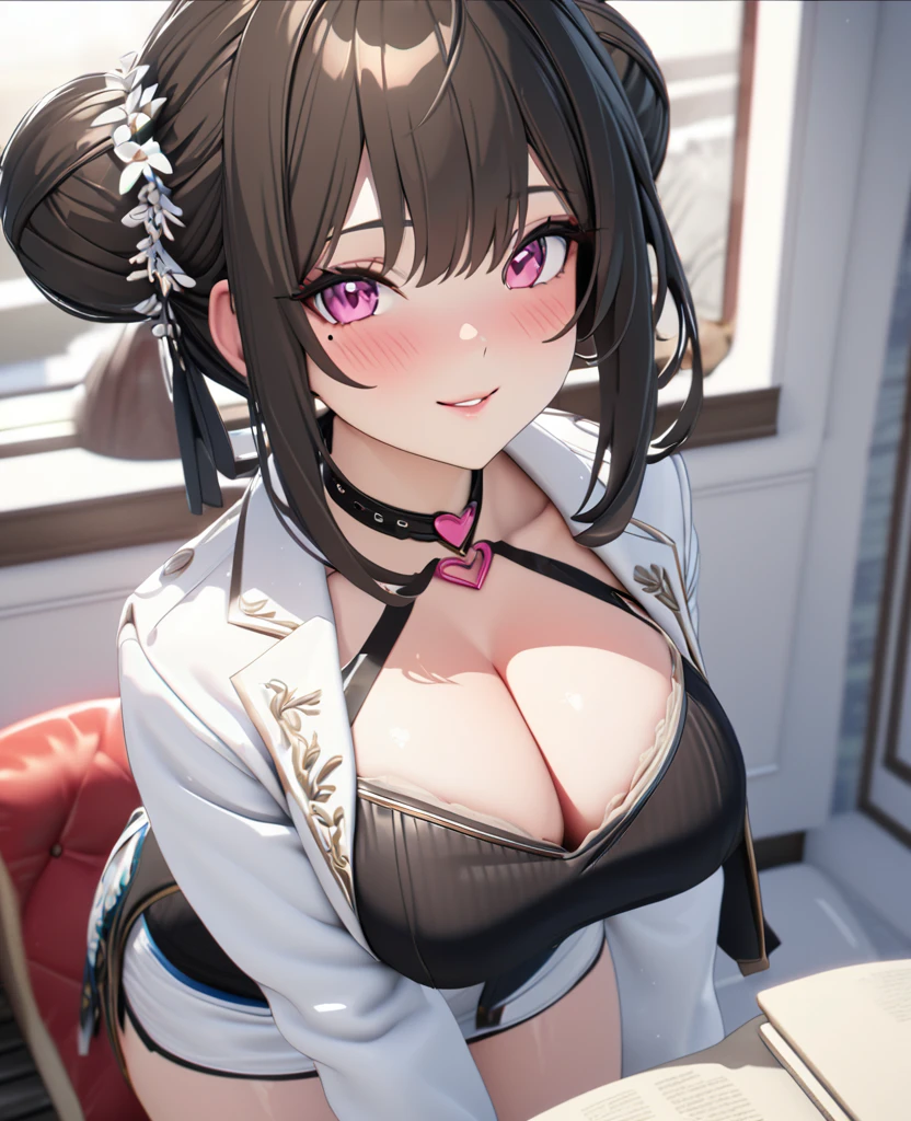 masterpiece, best quality, highly detailed, high resolution, expensive resolution, high resolution, 4K, 8k, uniform 8k wallpaper, highly detailed CG, masterpiece, 2D, 3D, beautiful details, depth, fine texture, best quality: 1.3, perfectly focused, crispy. skin, him, very cute anime girl, Her name is Mei, idol, brown double hair buns wearing expensive, mole under eye, looking at the viewer, cowboy short, expensive, blush, mole, plump lips, heart, pink eyes, heart shaped choker, smile