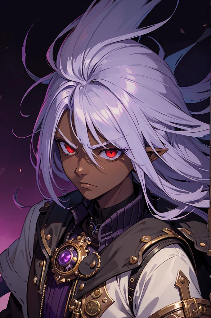 ((best quality)), ((masterpiece)), (detailed), ((boy)), ((mix between dungeonpunk and steampunk)), (serious), dark skinned, human, upper body, portrait, red eyes, long white hair, Xemnas from Kingdom Hearts, half-drow, pointy ears, serious face, dramatic lighting, purple hue, art by Kinema Citrus and Tetsuya Nomura