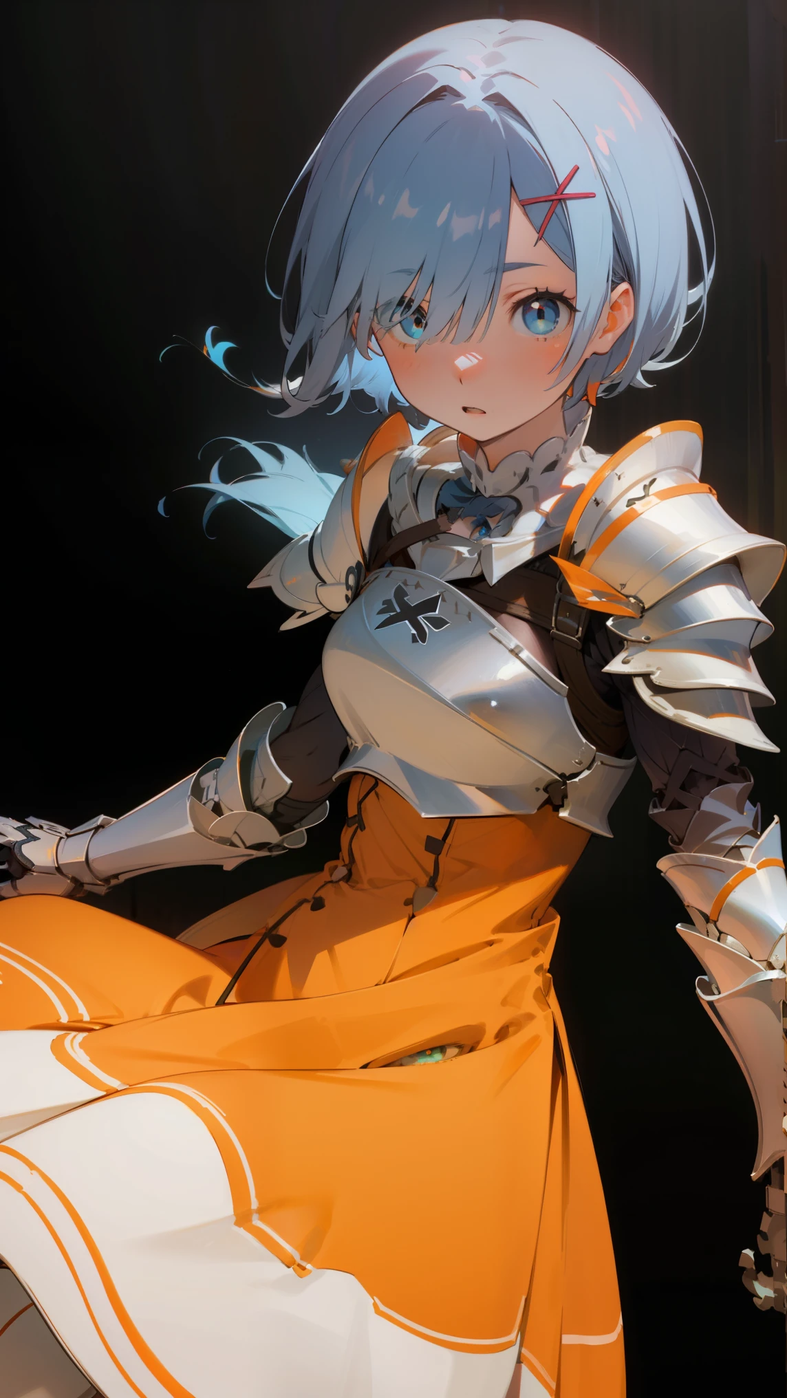 ph_rem, remhd, 1girl, blue hair, solo, blue eyes, x hair ornament,
BREAK (red bowtie, shoulder armor, sidelocks, (white armor:1.5), breastplate, (orange dress:1.5):1.2),
BREAK (masterpiece:1.2), best quality, high resolution, unity 8k wallpaper, (illustration:0.8), (beautiful detailed eyes:1.6), extremely detailed face, perfect lighting, extremely detailed CG, (perfect hands, perfect anatomy),