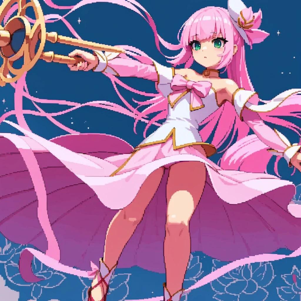 full body, facing left (important), pink and white, holding a spear, magical girl, beret, long hair, loose, off-the-shoulder. Hair color: soft, pale pink hair. Eye color: green eyes. Outfit: white and pink based outfit. She wears a white short-sleeved off-the-shoulder top with a pink collar and buttons that reveal her collarbone, and a mini slit skirt shaped like a downward-pointing lotus petal. Accessories: She has a pink flower ornament in her right hair. Weapon in hand: a long spear with pink and white decorations.Young middle school student、Jump、Knee-length skirt、Background white