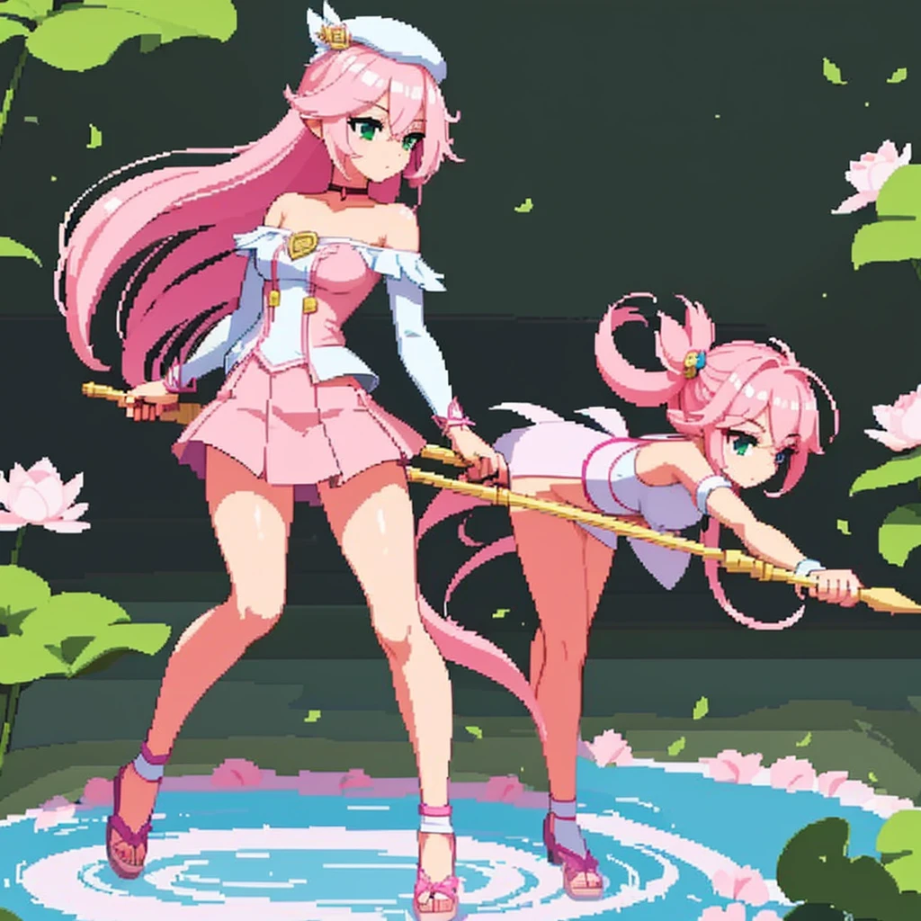 full body, facing left (important), pink and white, holding a spear, magical girl, beret, long hair, loose, off-the-shoulder. Hair color: soft, pale pink hair. Eye color: green eyes. Outfit: white and pink based outfit. She wears a white short-sleeved off-the-shoulder top with a pink collar and buttons that reveal her collarbone, and a mini slit skirt shaped like a downward-pointing lotus petal. Accessories: She has a pink flower ornament in her right hair. Weapon in hand: a long spear with pink and white decorations.Young middle school student、Jump、Knee-length skirt、Background white