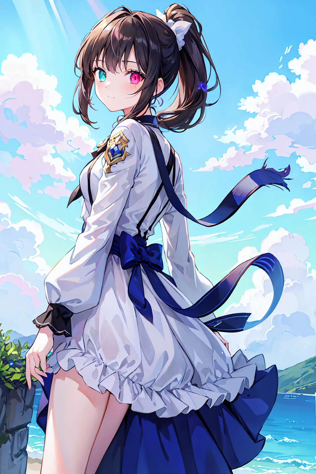 Highest quality,masterpiece,Bluish-brown ponytail、(Ptosis due to heterochromia,Glowing Eyes:1.2)、、20-year-old、Big smile、thin、Confused, High resolution, (Official Art, beautifully、beautiful:1.2), Close a view, 1 Girl, Bright sky, A vast world, stare, Awe-inspiring expressions, Distant Horizon, cloud, High Hill, Natural Beauty, Inspiration,