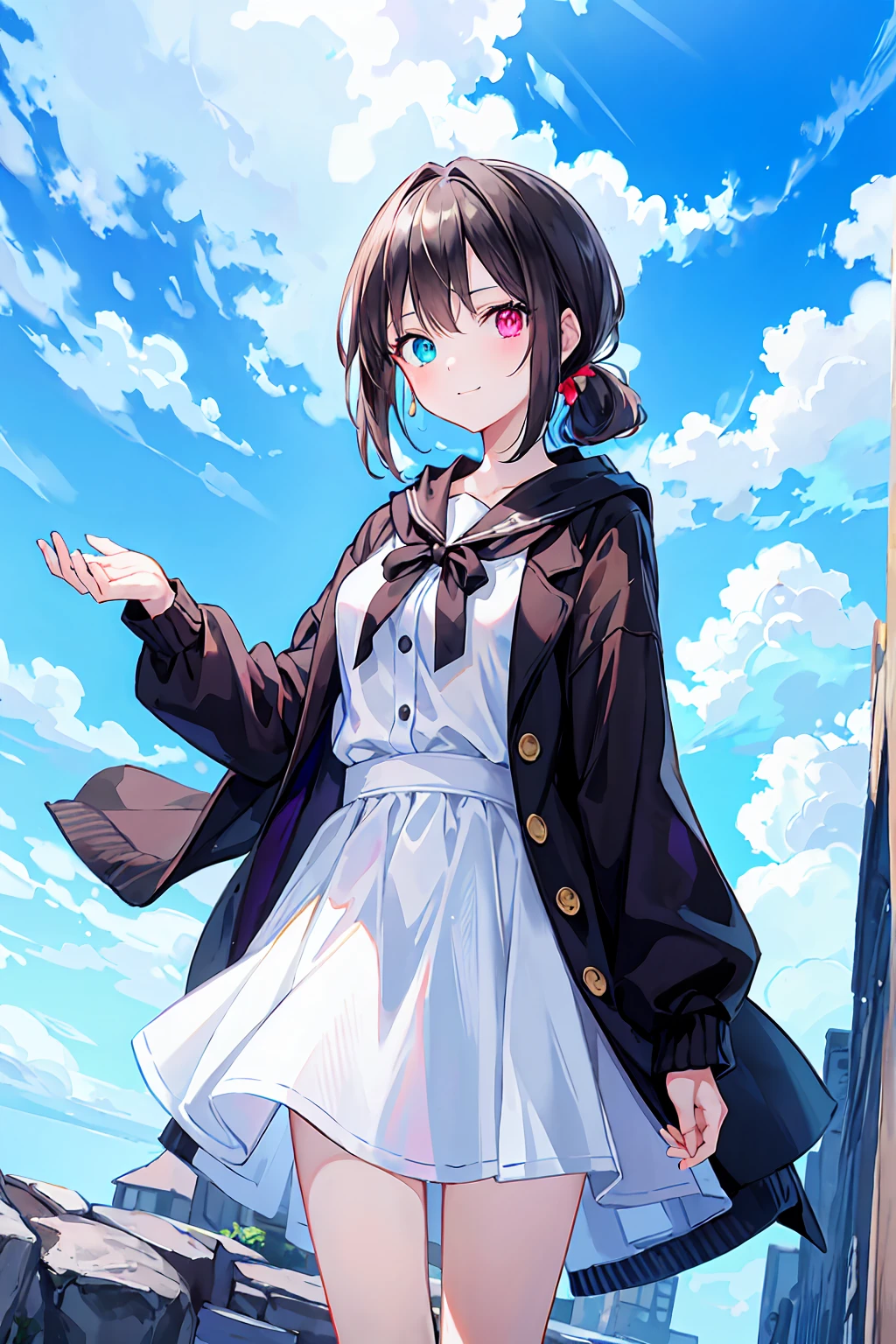 Highest quality,masterpiece,Bluish-brown ponytail、(Ptosis due to heterochromia,Glowing Eyes:1.2)、、20-year-old、Big smile、thin、Confused, High resolution, (Official Art, beautifully、beautiful:1.2), Close a view, 1 Girl, Bright sky, A vast world, stare, Awe-inspiring expressions, Distant Horizon, cloud, High Hill, Natural Beauty, Inspiration,