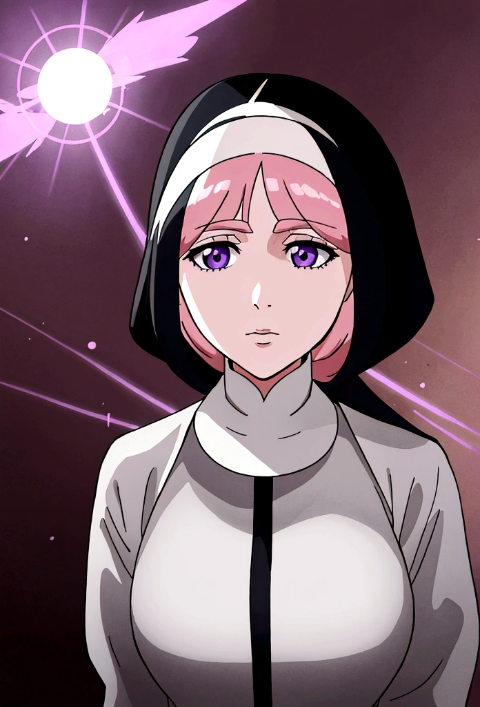 Create a best quality anime style art image of a white woman with long pastel pink hair. She has bangs and purple eyes. She is a nun (nun) dressed in royal clothes in black tones, offwhite, full of golden details. She is praying with a serious expression on her face. The background must be illuminated by a holy light, with light particles floating in the air, to create a serene and spiritual environment.
