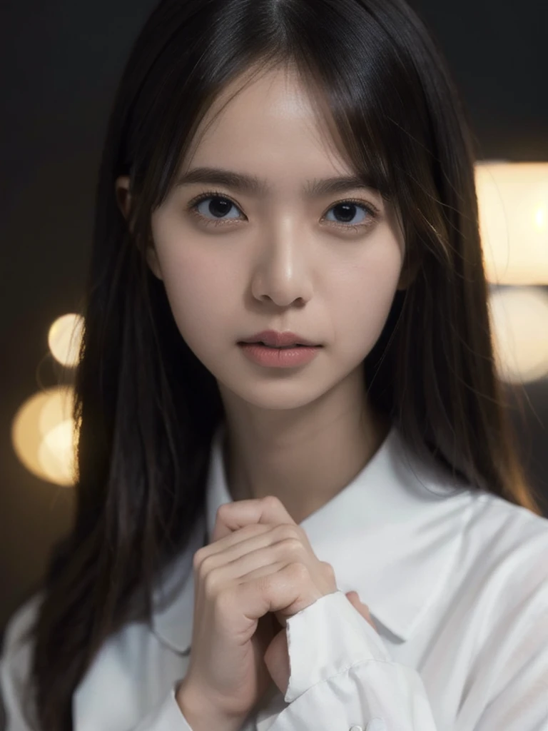 1girl, woman, masterpiece, best quality, highest quality, cinematic lighting, (volumetric lighting), extremely detailed CG unity 8k wallpaper, focused, 8k wallpaper, extremely detailed, ultra realistic, photorealistic, sharp focus, absurdres, (HDR:1.2), (high contrast), photograph, detailed and intricate, instagram, portrait, highly detailed, digital painting, artstation, concept art, smooth, sharp focus, illustration, cinematic lighting, (big breast:1.2), (whole body:1.2), white collar shirt, open shirt, open the button, mischievous facial expression