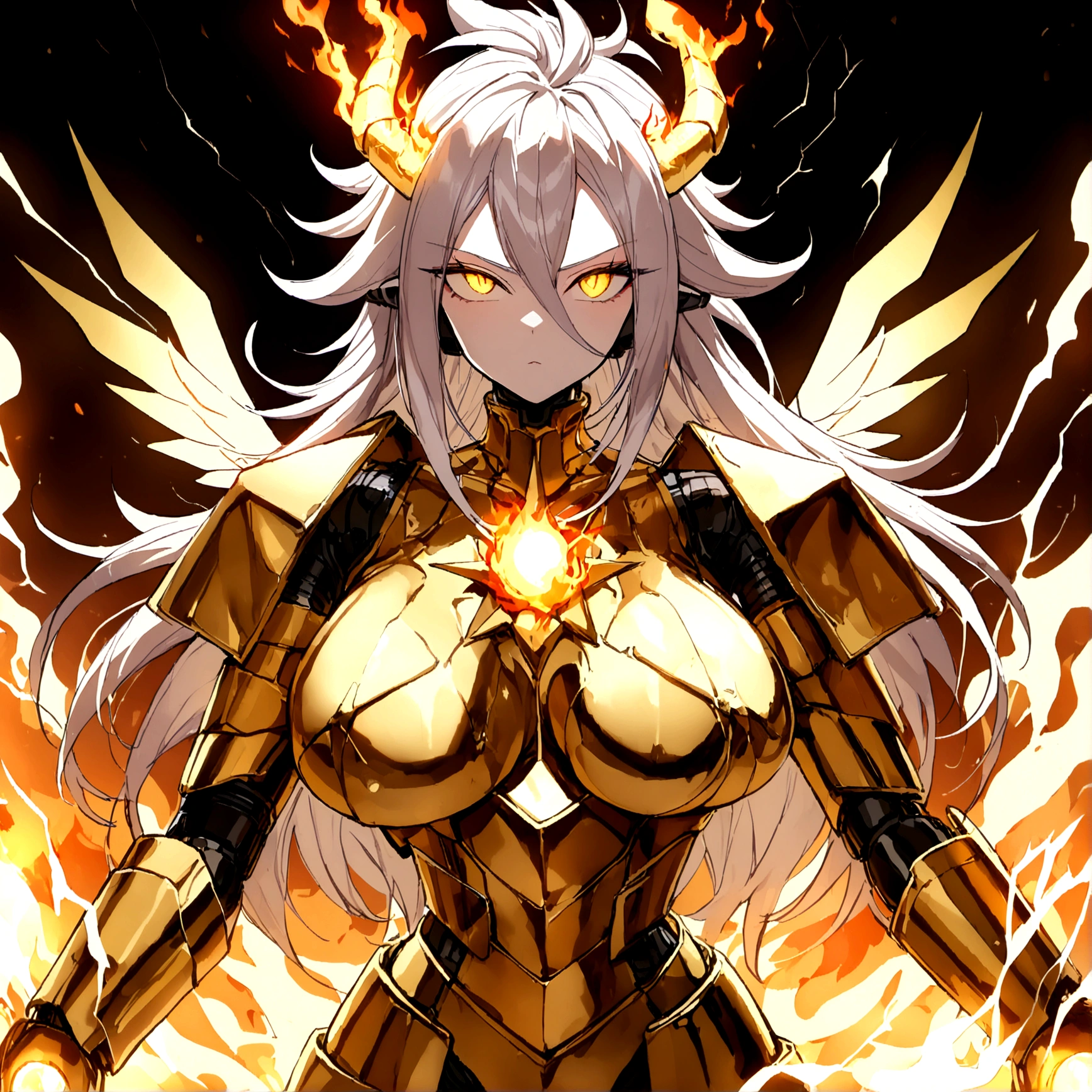 ((((Rasengan)))), ((Lightning Power)), ((Electricity)), ((Fire Background)), ((Lightning Storm)), ((Power Erupting)), ((((android 21)))), (((Evil Power))), (((white Coat))), (((Busty))), (((((Big breast:1,3)))), luxury bustier corset, (((silver hair))), (((Very slim waist))), propotional body, ((Gorgeous)), (((Fire Blazing Horns))), ((((gold wings))), masterpiece, hyperdetail, ambient effect, digital effect, (((Fire Gold Armor))), (((Lightning Gold Wings)))
