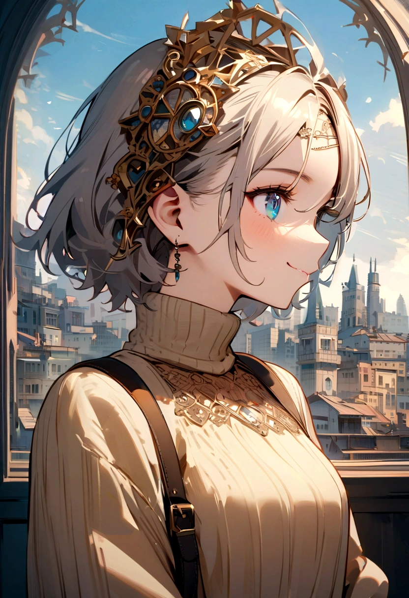 ((best qualityer)), ((work of art)), (detailded), 1 girl, shoulder to shoulder sweater, Bela, wear glasses on your forehead, stylish, profile pic, cute girl, HD, full HD, intricate, beautiful, heterochromia eyes, kind smile, city in the background, ((intricate anime)) olhos detaildeds, calm and cute, cabeautiful curto e com presilhas