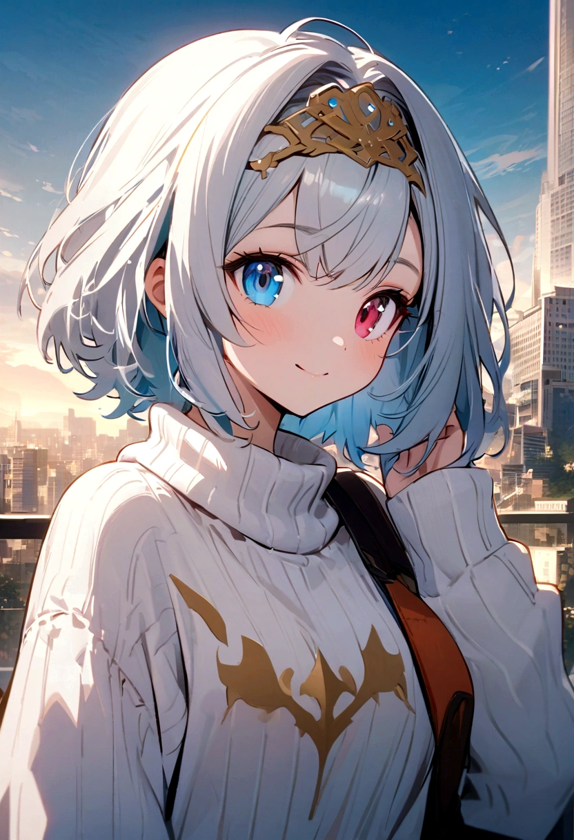 ((best qualityer)), ((work of art)), (detailded), 1 girl, shoulder to shoulder sweater, Bela, wear glasses on your forehead, stylish, profile pic, cute girl, HD, full HD, intricate, beautiful, heterochromia eyes, kind smile, city in the background, ((intricate anime)) olhos detaildeds, calm and cute, cabeautiful curto e com presilhas