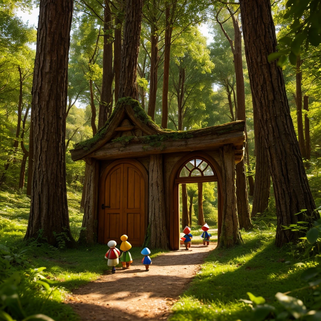 Wonderland Forest of Giants mushrooms, ( mushrooms with Doors) bright mushrooms, little gnomes walking in the forest, realismo, 8k, cinemátic, fantasy world.