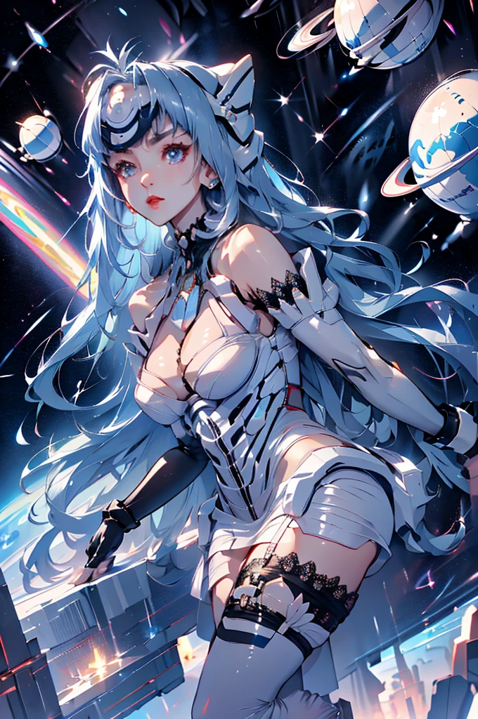 One Woman、whole body、(Spacewalk)、skinny、(Highest quality)tall、White garter stockings、Nipples、Light blue long-haired、Expressionless、White long gloves、Beauty