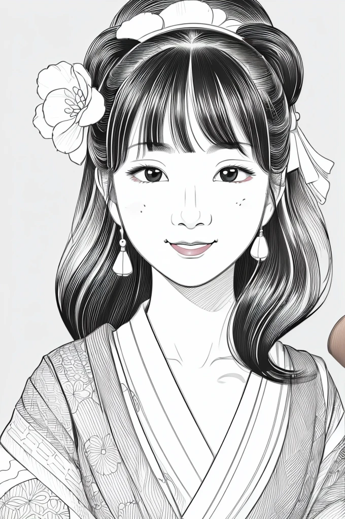 Please create a realistic Ukiyo-e illustration of a cute smiling woman in a kimono that conveys Japanese culture using a simple black and white coloring book that even children can do. The illustration is a illustration with detailed facial features and cartoon-style visuals, (high contrast, sketch, monochrome, clean line drawings for coloring book:1.5)