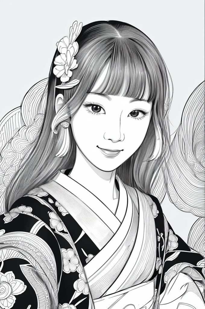 Please create a realistic Ukiyo-e illustration of a cute smiling woman in a kimono that conveys Japanese culture using a simple black and white coloring book that even children can do. The illustration is a illustration with detailed facial features and cartoon-style visuals, (high contrast, sketch, monochrome, clean line drawings for coloring book:1.5)