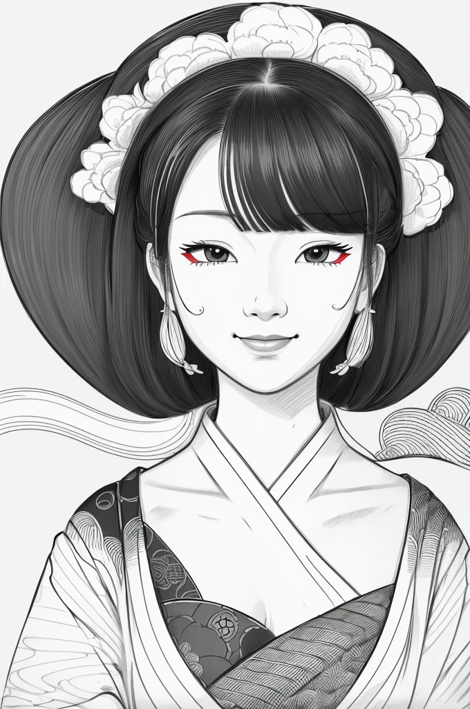 Please create a realistic Ukiyo-e illustration of a cute smiling woman in a kimono that conveys Japanese culture using a simple black and white coloring book that even children can do. The illustration is a illustration with detailed facial features and cartoon-style visuals, (high contrast, sketch, monochrome, clean line drawings for coloring book:1.5)